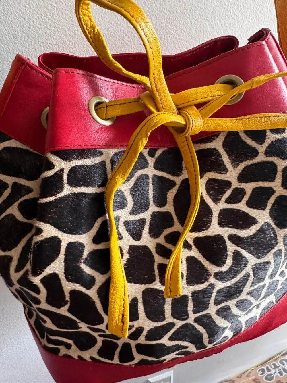 NWT Soruka Giraffe Print Leather Bucket Bag